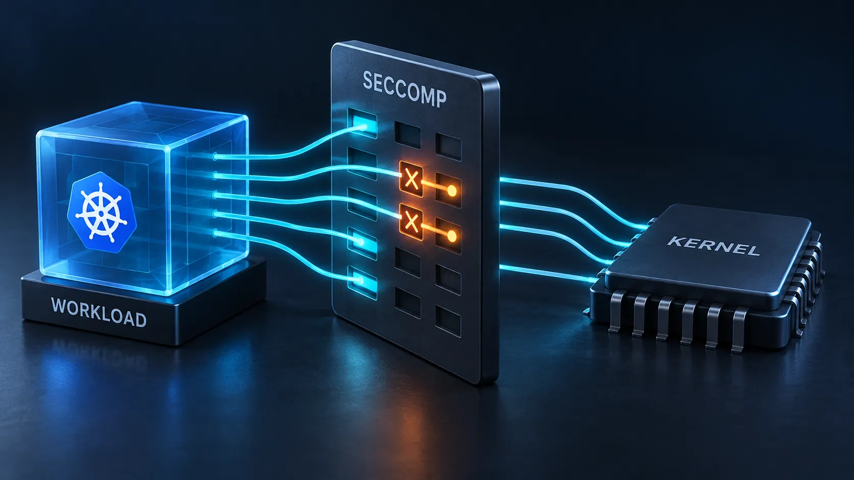 A Kubernetes workload sends system calls through a seccomp filter, with permitted calls reaching the kernel and blocked calls stopping at the filter.