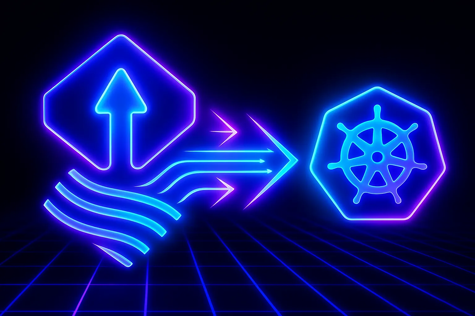 Neon-outline illustration of the Flux logo (diamond with upward arrow) on a dark grid, emitting glowing blue-to-purple streams that flow into a neon Kubernetes wheel inside a hexagon - conveying a dynamic GitOps pipeline from Flux to Kubernetes.