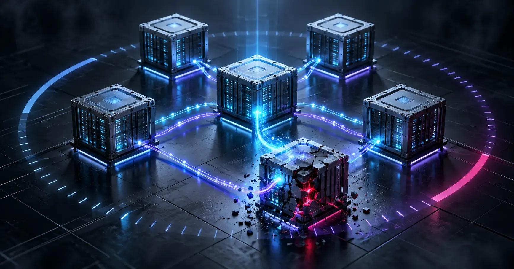 Connected server racks in a glowing cluster network, with one node fractured by red light