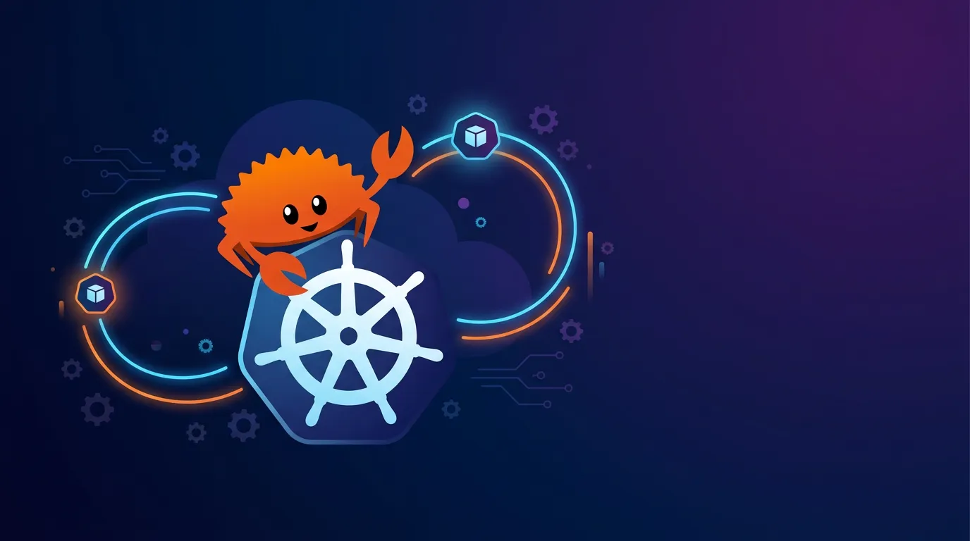 Stylized illustration showing the Rust crab mascot Ferris interacting with Kubernetes pods and controllers, with flowing lines representing reconciliation loops on a dark gradient background.