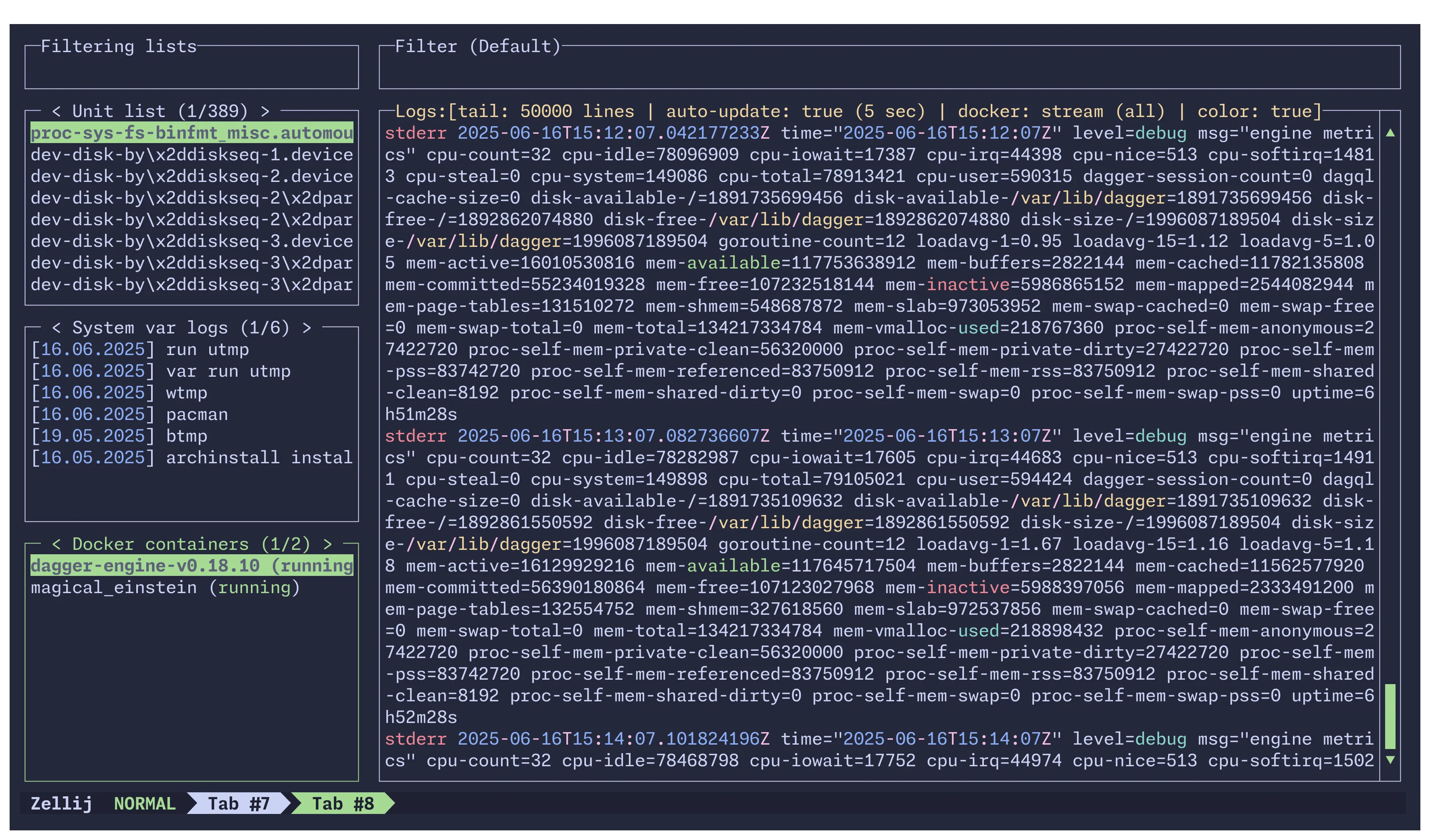 Lazyjournal interface showing log filtering and navigation