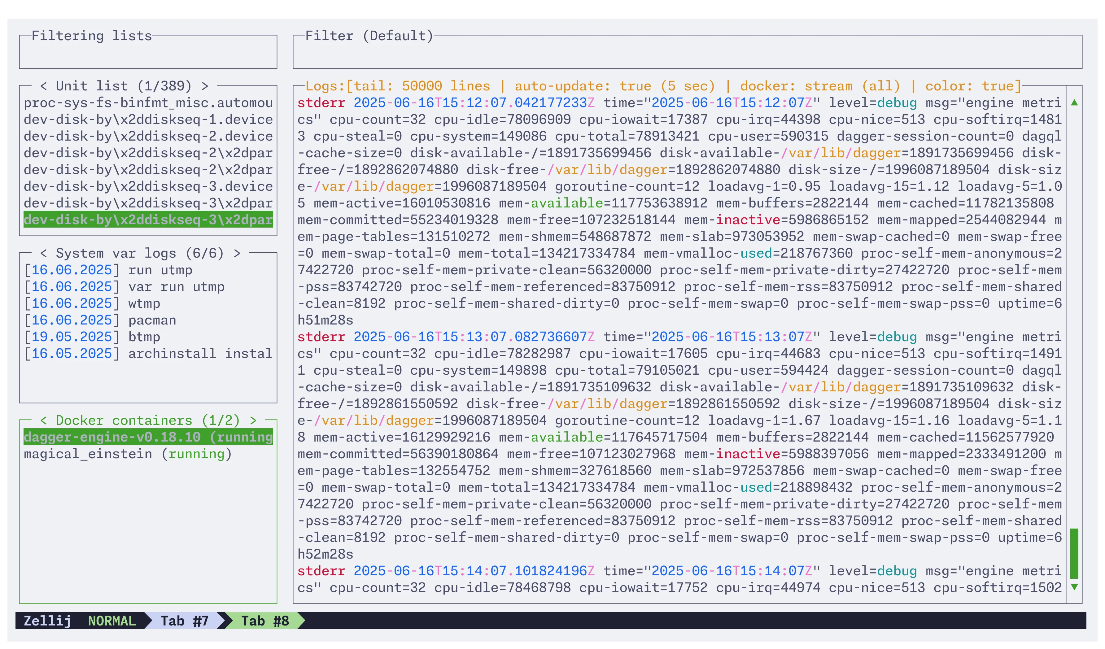 Lazyjournal interface showing log filtering and navigation
