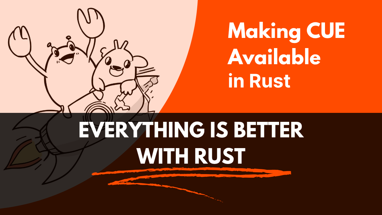 Making CUE Available in Rust - Everything is better with Rust. Ferris the crab and the Gopher celebrating together with text overlaid.